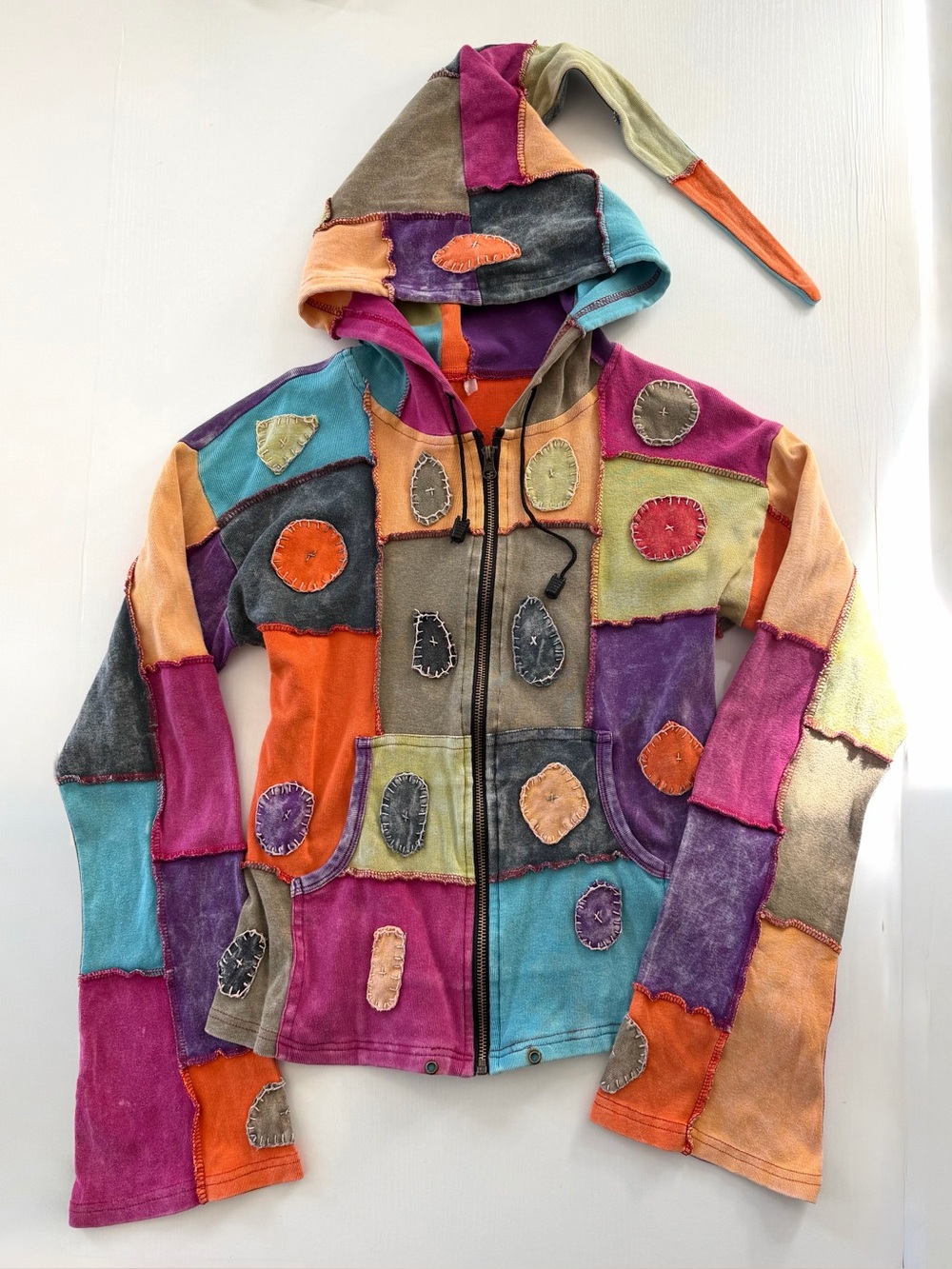 Pyramid Col. Colorful elf hoodie patchwork 
Full zip sweatshirt 100% cotton sz S